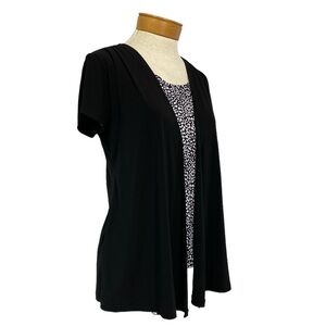 2 in 1 Short Sleeve Black Flyaway Cardigan, Attached Tank Black White Print Med